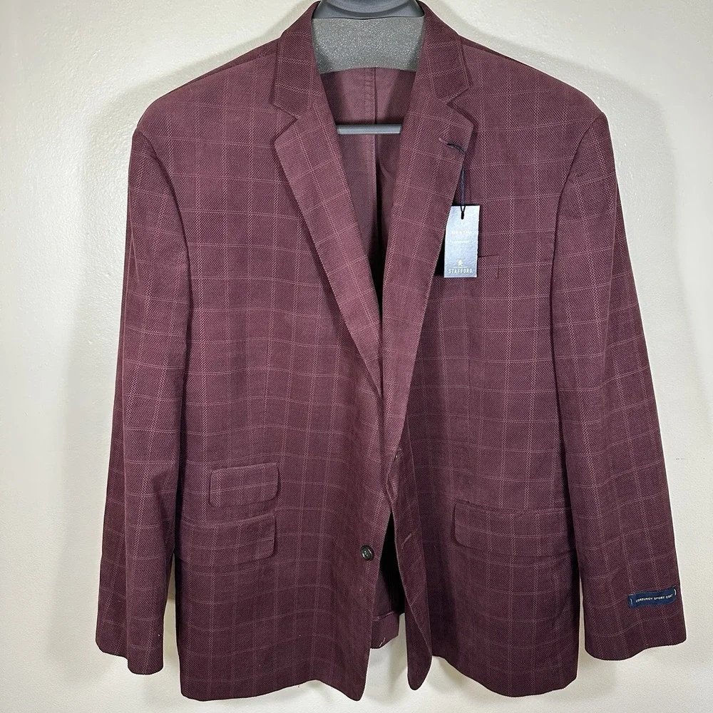 Stafford Mens 60 Long Sport Coat Burgundy Windowpane Cotton Big & Tall Blazer